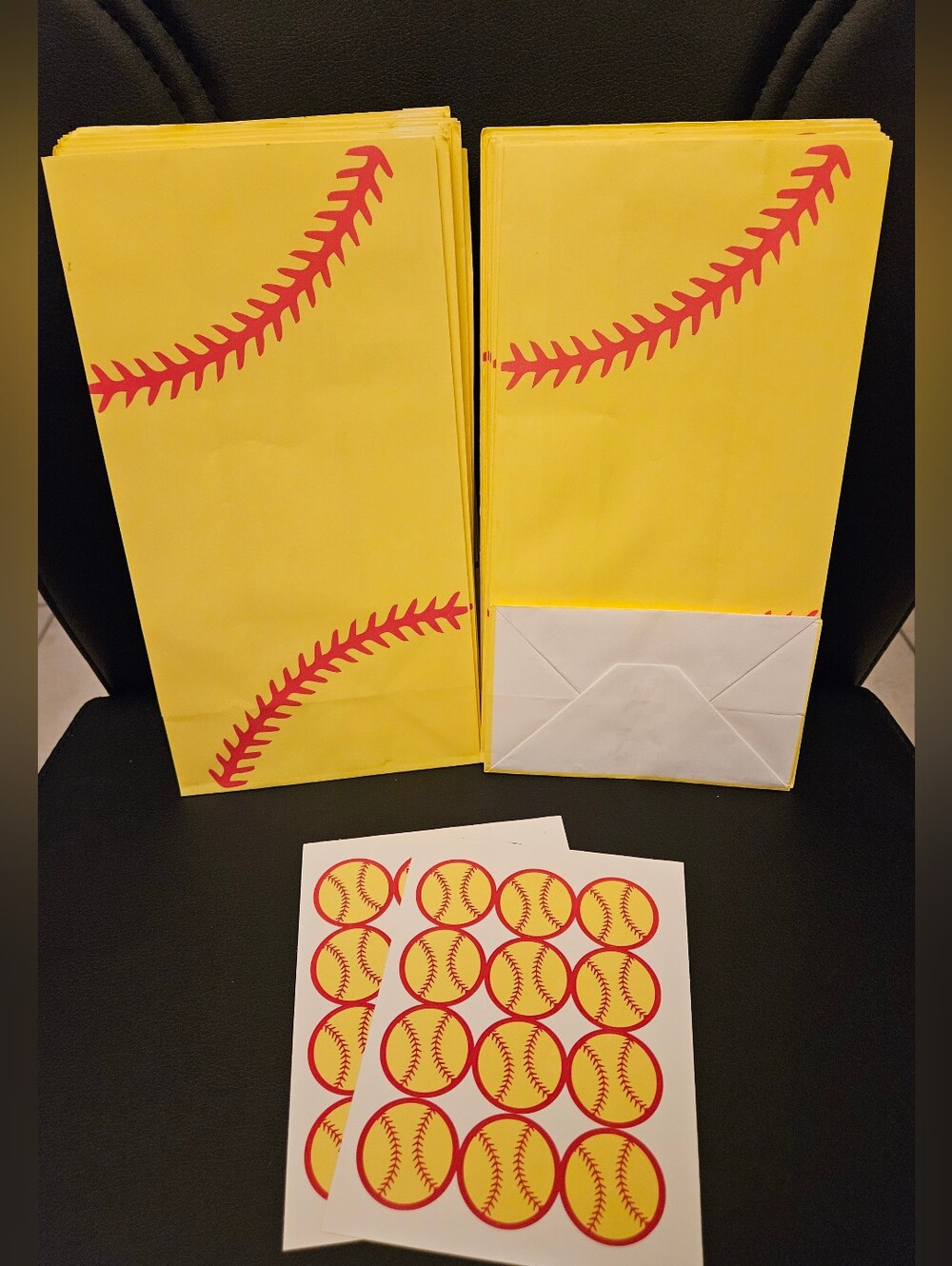 Softball Party Favor Bags and Sticker Set - Yellow with Red Stitching 48 Pieces